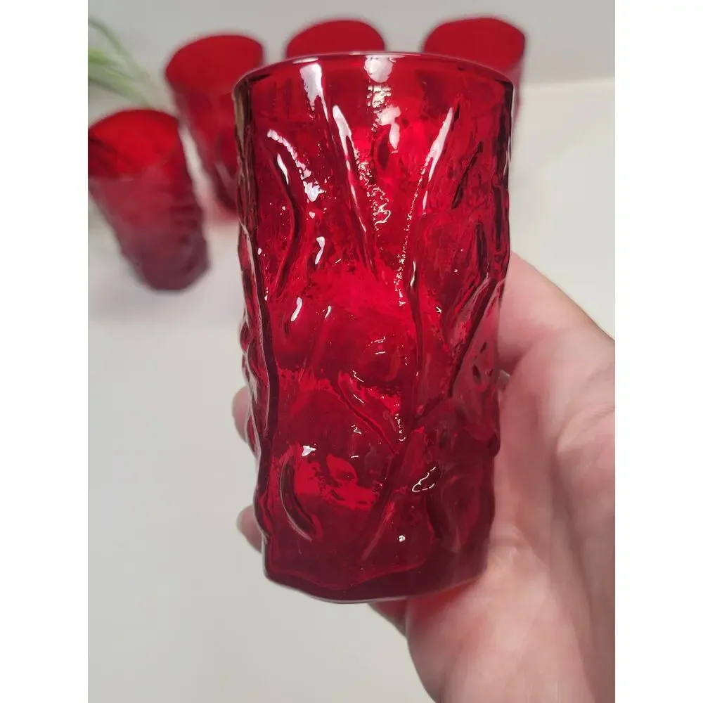 Vintage Seneca Driftwood Red Crinkle Glass Juice Tumblers Set of 6 MCM Ruby